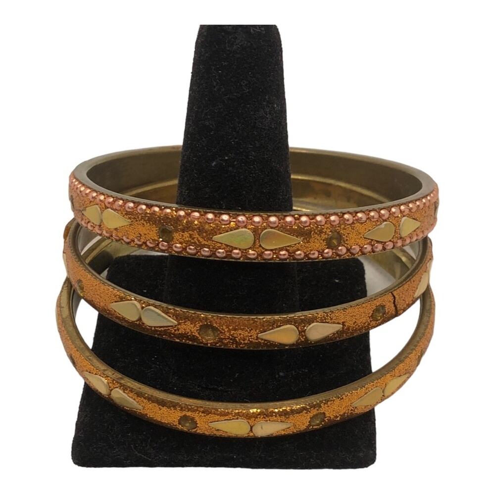 Boho Bangle Bracelet Set of 3 Bronze Copper Tone Inlay Stacking Bracelets